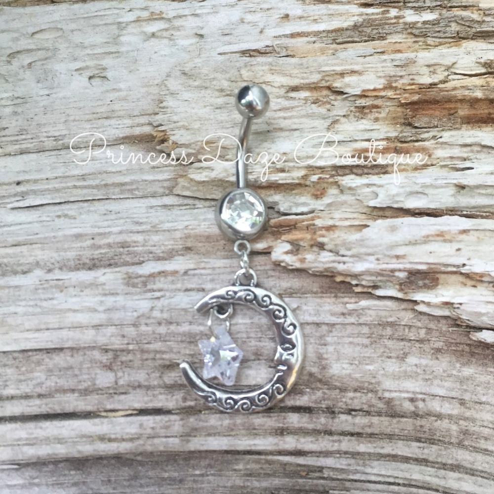 Silver Crescent Moon‎ Star Dangle Belly Button Ring Navel Piercing
